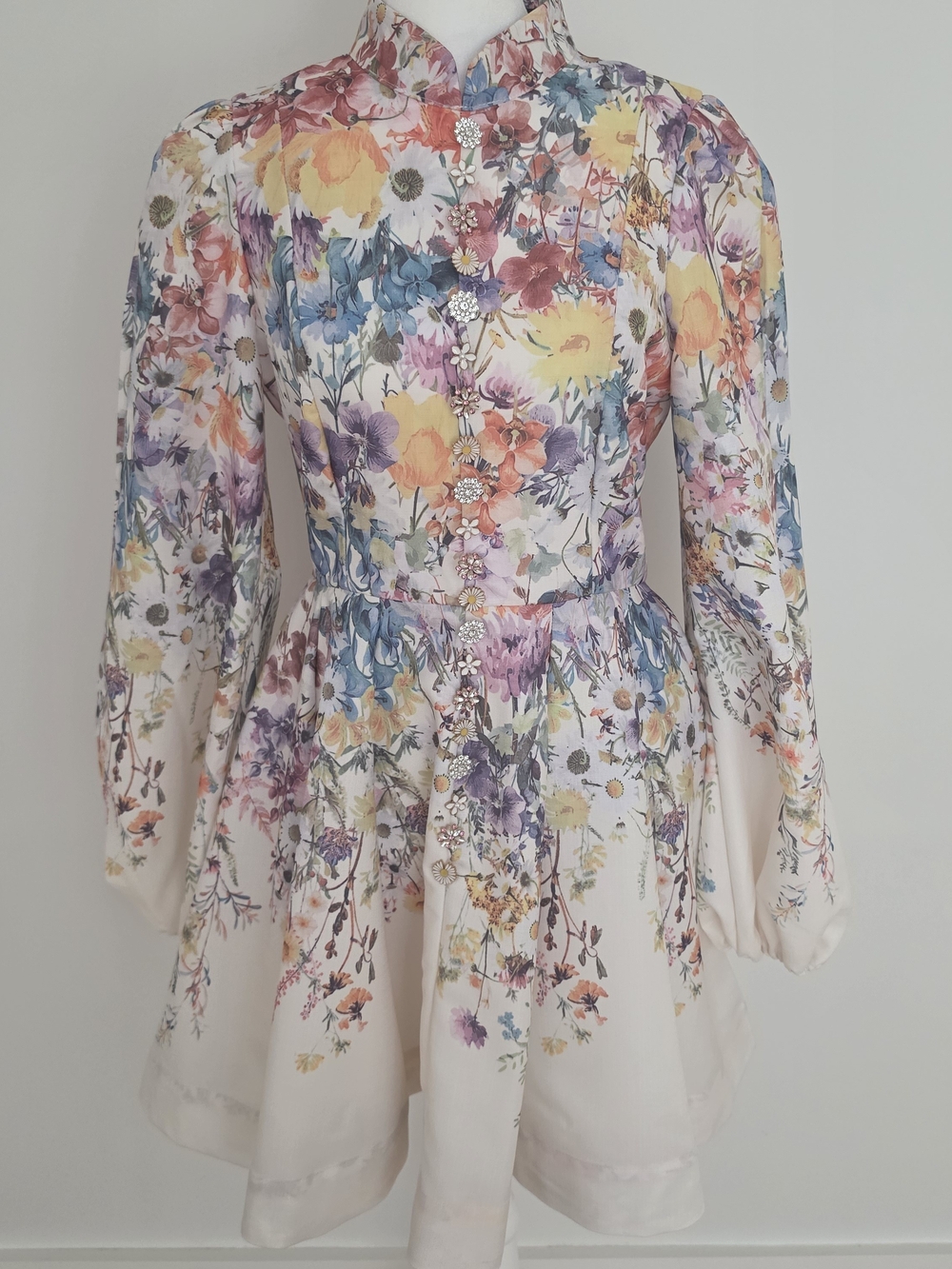 INA Floral Jeweled Button  Long-Sleeve Dress Size S